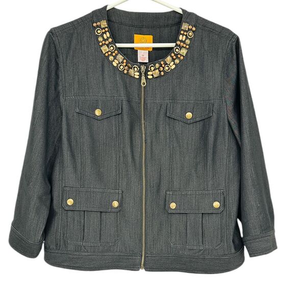 Ruby Rd. Jackets & Blazers - Ruby Rd. Embellished Black Denim Jacket‎ Zip Front Beaded Accents Women's SZ 12